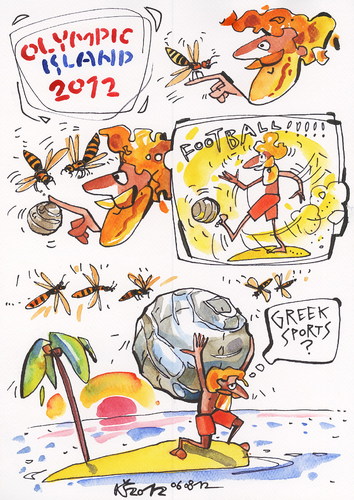 Cartoon: OLYMPIC ISLAND. Greek Sports (medium) by Kestutis tagged comics,sphere,earth,wasp,myth,hercules,soccer,globe,strip,comic,lithuania,siaulytis,kestutis,sun,ocean,olympic,island,desert,football,greece,summer,2012,london,sports,greek