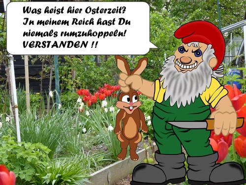 Cartoon: der streitbare Gartenzwerg (medium) by RiwiToons tagged garten,kleingarten,osterhase,ostern,gartenzwerg,blumen,messer
