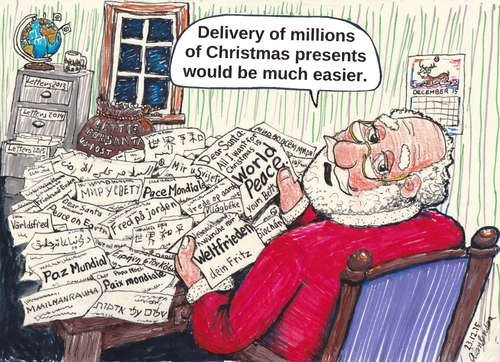Cartoon: Christmas Wishes (medium) by Alan tagged weihnachtsbriefe,världsfred,mir,mondiale,paix,mundial,paz,pace,welt,frieden,weltfrieden,peace,world,wishes,christmas,letters,santa