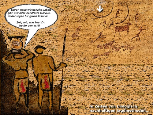 Cartoon: Kulturwandel (medium) by Nikklaus tagged frau,mann,biologisch,stein,sand,tiere,wandmalerei,ureinwohner,ubuntu