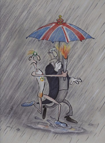Cartoon: wasserstport (medium) by Petra Kaster tagged olympia,england,wetter,regen,leichtatletik,butler