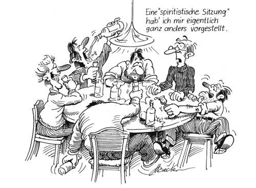 Cartoon: Spritistische Sitzung (medium) by Michael Becker tagged spirituell,sprit,spiritistisch,stammtisch,alkohol,besoffen,beschwörung,geist