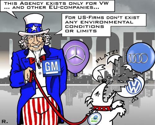 Cartoon: US Environm. Protection Agency (medium) by RachelGold tagged us,environmental,protection,agency,vw,usa,germany,pollution,scandal,uncle,sam