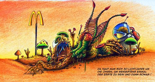 Cartoon: Maulwurf Mc Doof (medium) by Jupp tagged maulwurf,mole,space,weltraum,jupp,cartoon,lustig,illustration,planet,all,mc,donalds,doof,lichtjahr,pech