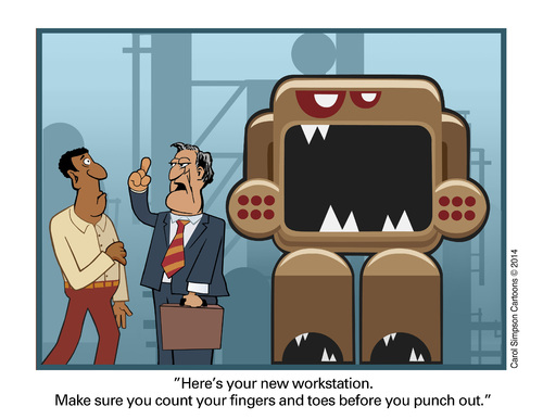 Cartoon: Your new work station (medium) by carol-simpson tagged safety,greed,corporate,workplace,hazards