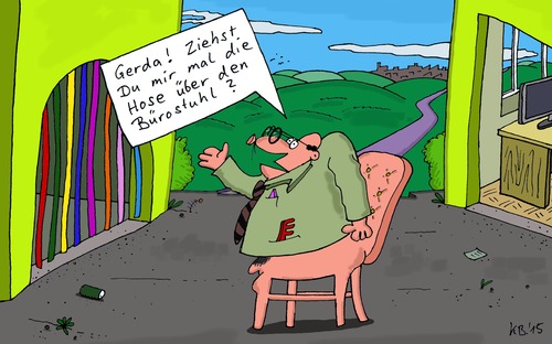 Cartoon: Gerda (medium) by Leichnam tagged gerda,büro,schreibtischhengst,stuhl,hilfestellung,gattin,anzugmensch,schlips,und,krawatte,theoretiker,möbelstück,am,mann,hose,ankleiden,gatte,firma
