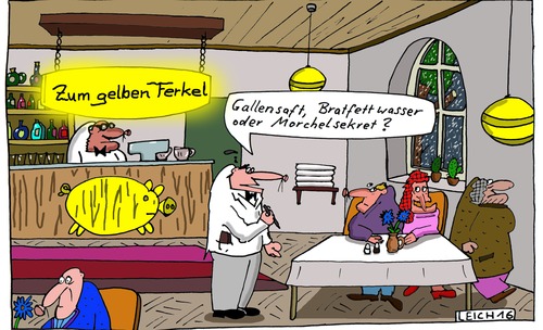 Cartoon: im Gasthaus (medium) by Leichnam tagged gasthaus,zum,gelben,ferkel,gallensaft,bratfett,morchel,kellner,ober,bestellung,speis,und,trank,restaurant,kneipe,gasthof,wirtschaft,theke,getränke