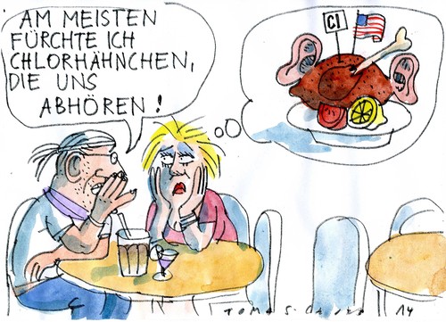 Cartoon: Abhörhähnchen (medium) by Jan Tomaschoff tagged nsa,abhören,freihandel,chlorhähnchen,nsa,abhören,freihandel,chlorhähnchen