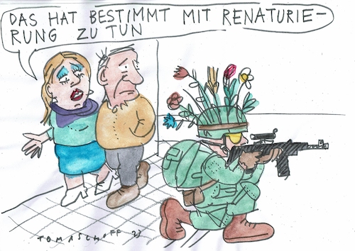 Cartoon: Renaturierung (medium) by Jan Tomaschoff tagged natur,pflanzen,militär,tarnung,natur,pflanzen,militär,tarnung