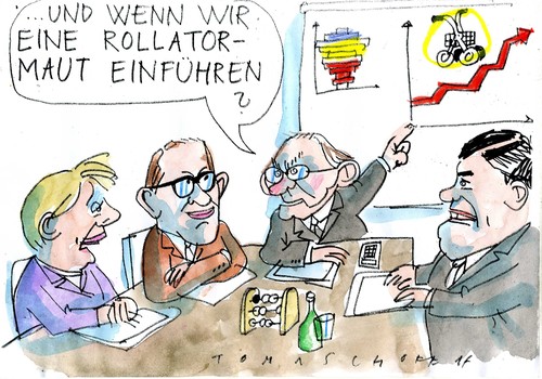 Cartoon: Rollatormaut (medium) by Jan Tomaschoff tagged demografie,alter,maut,staatsfinanzen,demografie,alter,maut,staatsfinanzen