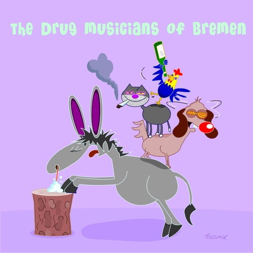 Cartoon: The drug musicans of bremen (medium) by Tricomix tagged lsd,marijuana,drug,alcohol,fairytale,bremen,town,musicians,brothers,grimm,landmark,pill,smoking,weed,donkey,dog,cat,rooster