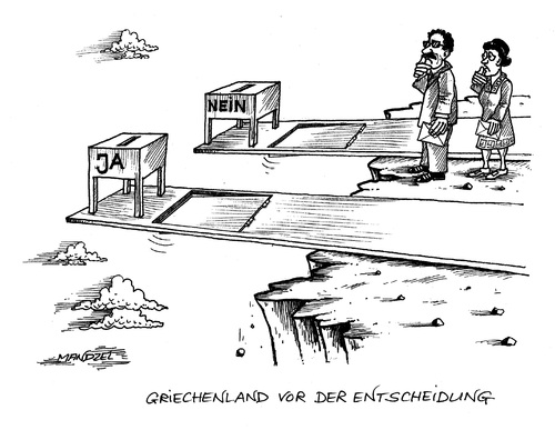 Cartoon: Referendum in Griechenland (medium) by mandzel tagged griechenland,referendum,absturz,wahlurnen,wirtschaftsnot,zukunftsängste,griechenland,referendum,absturz,wahlurnen,wirtschaftsnot,zukunftsängste
