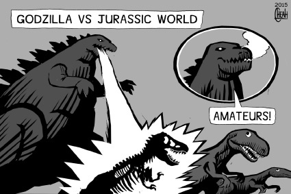 Cartoon: Jurassic World vs Godzilla (medium) by sinann tagged jurassic,world,godzilla