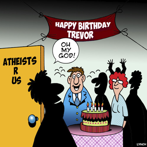 Cartoon: Atheists r us (medium) by toons tagged party,surprise,birthdays,agnostic,atheist,atheist,agnostic,birthdays,surprise,party