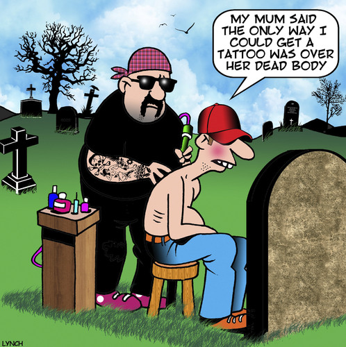 Cartoon: Over my dead body (medium) by toons tagged tattoos,cemetery,tattooist,bikie,tattoos,cemetery,tattooist,bikie