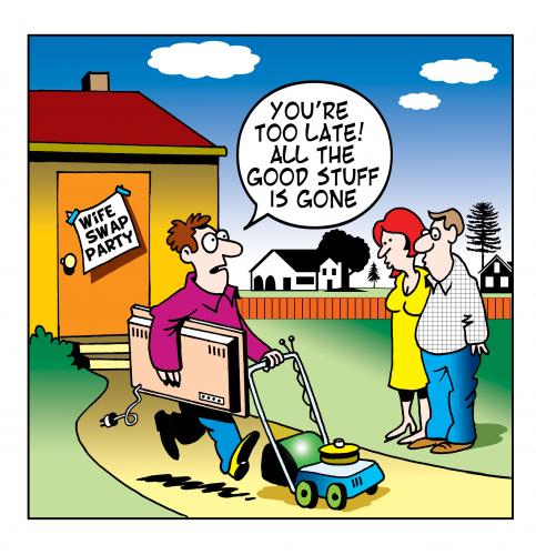 Cartoon: wife swap (medium) by toons tagged wife,swapping,lawn,mower,infidelity,swap,plasma,tv,neighbors,romance