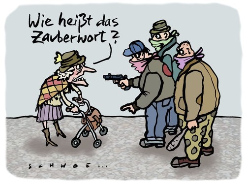 Cartoon: Bitte! (medium) by schwoe tagged bitte,rollator,manieren,umgangsformen,oma,rowdy,überfall,kriminalität,höflichkeit,höfflich