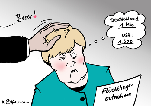 Cartoon: Obama lobt Merkel (medium) by Pfohlmann tagged karikatur,cartoon,2016,color,farbe,deutschland,usa,uno,un,flüchtlinge,flüchtlingskrise,aufnahme,obama,lob,humanität,merkel,bundeskanzlerin,präsident,rede,zahlen,vergleich,brav,flüchtlingszahlen,karikatur,cartoon,2016,color,farbe,deutschland,usa,uno,un,flüchtlinge,flüchtlingskrise,aufnahme,obama,lob,humanität,merkel,bundeskanzlerin,präsident,rede,zahlen,vergleich,brav,flüchtlingszahlen