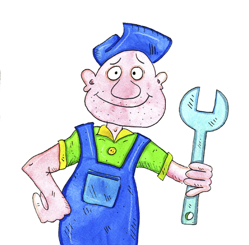 Cartoon: handwerker sanitär (medium) by sabine voigt tagged handwerker,sanitär,hausmeister,blattmann,gewerbe,klempner,helfen,autowerkstatt,mechaniker