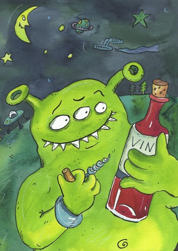 Cartoon: wein Alkohol alien (medium) by sabine voigt tagged wein,alkohol,alien,rotwein,weltraum,all,universum