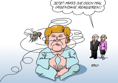 Cartoon: Merkel AfD (medium) by Erl tagged partei,afd,rechts,rechtspopulistisch,landtagswahl,thüringen,brandenburg,stimmen,gewinn,cdu,umgang,reaktion,bundeskanzlerin,angela,merkel,meditieren,meditation,fliege,merkel,afd