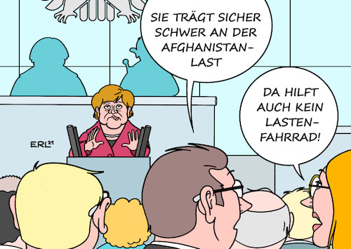 Cartoon: Merkel im Bundestag (medium) by Erl tagged politik,bundestag,rede,regierungserklärung,bundeskanzlerin,angela,merkel,afghanistan,scheitern,fehleinschätzung,last,lastenfahrrad,karikatur,erl,politik,bundestag,rede,regierungserklärung,bundeskanzlerin,angela,merkel,afghanistan,scheitern,fehleinschätzung,last,lastenfahrrad,karikatur,erl