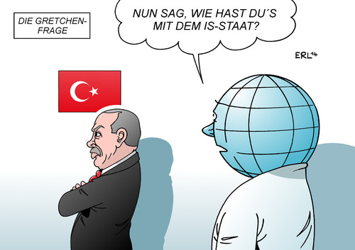 Cartoon: Türkei (medium) by Erl tagged verhältnis,türkei,is,staat,kalifat,islamismus,terror,luftangriffe,usa,verbündete,unterstützung,zögern,welt,erde,frage,gretchenfrage,goethe,faust,türkei,is