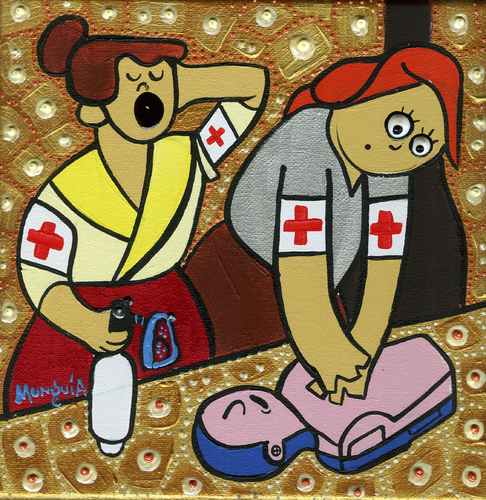Cartoon: First aids (medium) by Munguia tagged two,women,ironing,edgar,degar,famous,paintings,parodies,munguia,red,cross,rcp,rehabilitacion,cardiopulmonar,cardiopulmonary,resuscitation