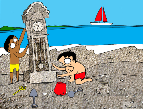 Cartoon: GrandMother Sand Clock (medium) by Munguia tagged kids,beach,clock,sand,playing,ocean,sculpture,munguia