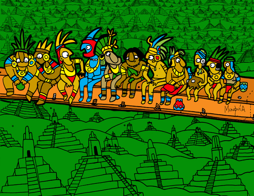 Cartoon: Mayan Lunch time at top (medium) by Munguia tagged lunchtime,skyscratcher,rockefeller,charles,ebbets,maya,piramide,mayan,munguia,parody,photo,cartoon,costa,rica,centroamerica,precolombino,america,2012