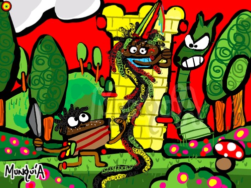 Cartoon: ReggaePunzel (medium) by Munguia tagged raggamuffin,reggae,roots,dreads,dred,rapunzel,dragon,princes,castle,fairy,tales
