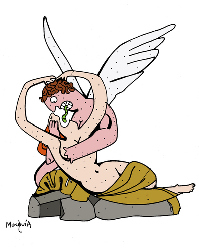 Cartoon: The regurgitate Kiss Cupid (medium) by Munguia tagged sculpture,cupid,angel,kiss,worm,regurgitate,woman,canova,antonio