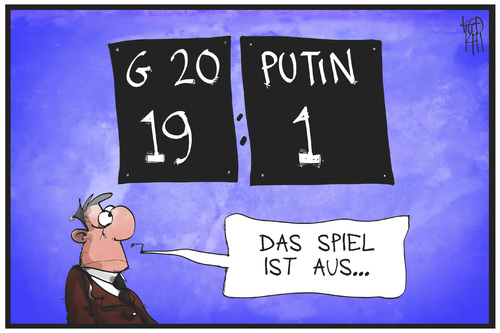 Cartoon: G20 gegen Putin (medium) by Kostas Koufogiorgos tagged karikatur,koufogiorgos,illustration,cartoon,g20,gipfel,brisbane,australien,putin,spiel,spielstand,politik,karikatur,koufogiorgos,illustration,cartoon,g20,gipfel,brisbane,australien,putin,spiel,spielstand,politik