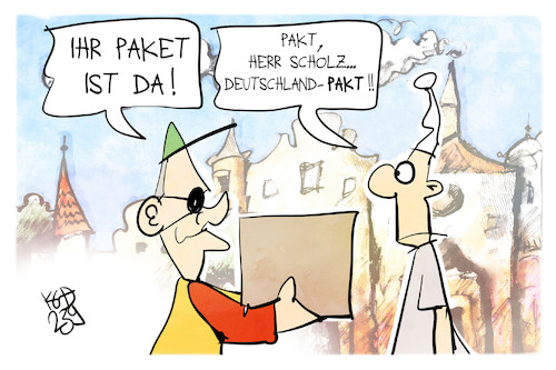 Cartoon: Scholz liefert (medium) by Kostas Koufogiorgos tagged karikatur,koufogiorgos,pakt,paket,scholz,deutschlandpakt,karikatur,koufogiorgos,pakt,paket,scholz,deutschlandpakt