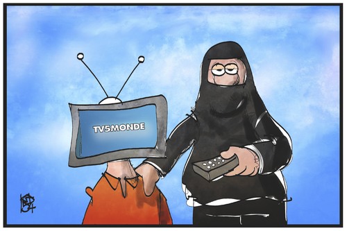 Cartoon: TV5 Monde (medium) by Kostas Koufogiorgos tagged karikatur,koufogiorgos,illustration,cartoon,tv5,fernsehen,sender,medien,fernseher,is,terrorist,islamist,fernbedienung,angriff,hacker,frankreich,politik,karikatur,koufogiorgos,illustration,cartoon,tv5,fernsehen,sender,medien,fernseher,is,terrorist,islamist,fernbedienung,angriff,hacker,frankreich,politik