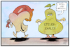 Cartoon: Apple und Birne (small) by Kostas Koufogiorgos tagged karikatur,koufogiorgos,illustration,cartoon,apple,apfel,birnen,steuern,eu,urteil,wirtschaft
