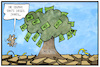 Cartoon: Dürrehilfen (small) by Kostas Koufogiorgos tagged karikatur,koufogiorgos,illustration,cartoon,dürre,hilfe,geld,unterstützung,finanzen,baum,ernte,agrarpolitik,hitzewelle,trockenheit,bauer,umwelt