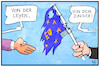 Cartoon: Juncker und von der Leyen (small) by Kostas Koufogiorgos tagged karikatur,koufogiorgos,illustration,cartoon,juncker,von,der,leyen,fahne,eu,europa,kommissionspräsident,uebergabe,demokratie,politik