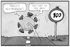 Cartoon: Notbremse (small) by Kostas Koufogiorgos tagged karikatur,koufogiorgos,illustration,cartoon,notbremse,inzidenz,100,virus,vorona,pandemie,wochenende,geschwindigkeit,ausbreitung,fallzahlen,botbremse