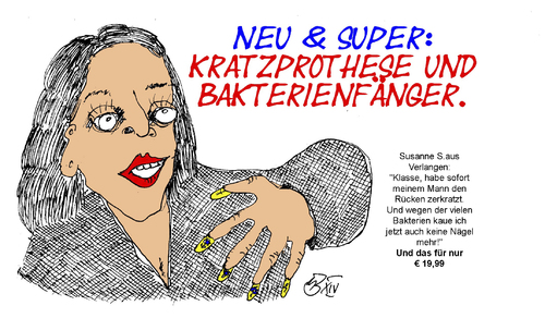 Cartoon: Kratzprothese u. Bakterienfänge (medium) by Marbez tagged fingernägel,prothese,bakterien
