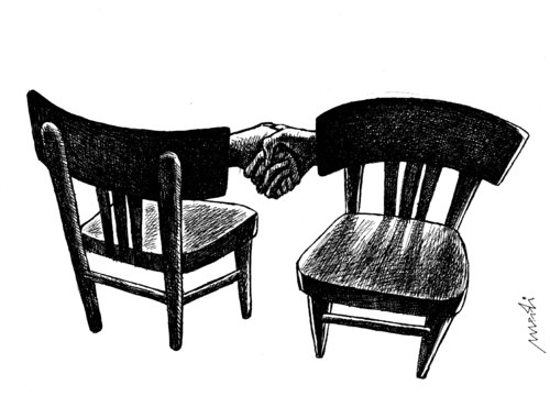 Cartoon: chairs handshake (medium) by Medi Belortaja tagged friendship,business,politicians,politics,meeting,power,handshake,chairs