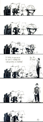 Cartoon: Crashing world (medium) by freekhand tagged crashing,world,butler,dust,broom,pieces,fall