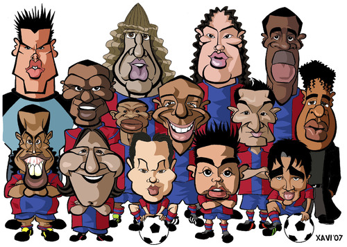Cartoon: FC Barcelona 2007 (medium) by Xavi dibuixant tagged rickjaard,deco,henry,etoo,ronaldinho,messi,soccer,football,barcelona,fc,fc,barcelona,2007,fussball,fußball,mannschaft,team,spanien,karikatur,gruppe