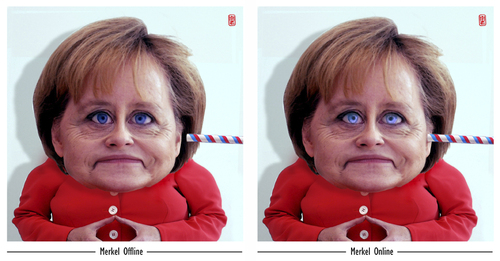 Cartoon: Merkel Online (medium) by zenundsenf tagged andi,walter,angela,in,neuland,merkel,bespitzelung,bundeskanzler,cartoon,composing,handy,karikatur,nsa,offline,online,zenf,zensenf,zenundsenf