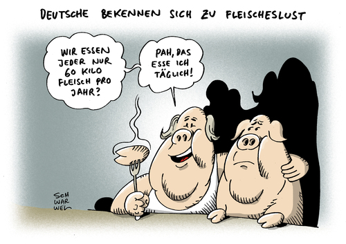 Cartoon: Fleischkonsum der Deutschen (medium) by Schwarwel tagged fleisch,nahrung,konsum,essen,tier,tot,leid,natur,umwelt,verheerende,folgen,gesundheit,hunger,entwicklungsländer,karikatur,schwarwel,grausam,mord,quälerei,schwein,rind,kuh,huhn,ente,geflügel,fleisch,nahrung,konsum,essen,tier,tot,leid,natur,umwelt,verheerende,folgen,gesundheit,hunger,entwicklungsländer,karikatur,schwarwel,grausam,mord,quälerei,schwein,rind,kuh,huhn,ente,geflügel