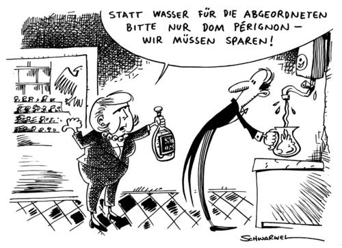 Cartoon: Sparkurs der Regierung (medium) by Schwarwel tagged angela,merkel,sparkus,regierung,dom,perignon,wasser,abgeordnete,sparen,deutschland,krise,karikatur,schwarwel