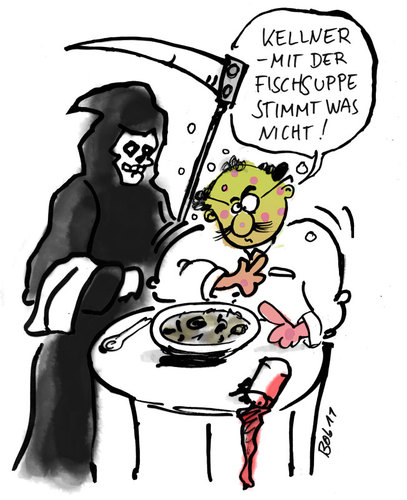 Die Fischsuppe (medium) by bob tagged kellner,ober,rechnung,restaurant,suppe,tod,fische,bob,hack