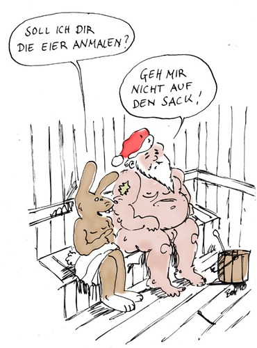Cartoon: Ho-Ho-Ho! (medium) by bob tagged weihnachten,weihnachtsmann,fettsack,osterhase,sauna,sack,eier,ho