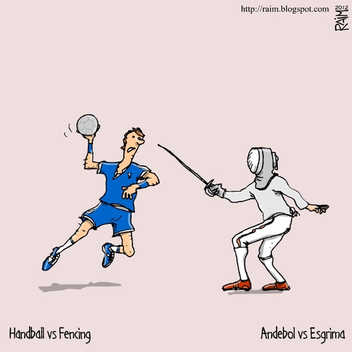 Cartoon: Handball vs Fencing (medium) by raim tagged handball,fencing,olympics,games