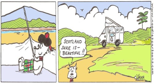 Cartoon: Scotland (medium) by noodles cartoons tagged landscape,scenery,scotland,art,cartoon,fun,camper,van,dog